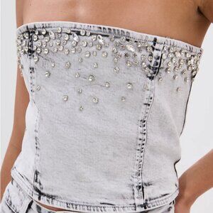 Akira Feeling Free Grey Denim Rhinestone Embellished Corset Top